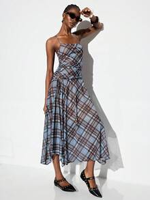 Aveloria GENKIRA Vintage Plaid Patchwork Dress, Waist Pleated Design, Asymmetric Hem, Casual Bohemian Music Festival Dress For Women, Random Print - Multicolor - View 1