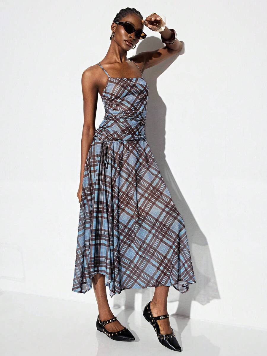 Aveloria GENKIRA Vintage Plaid Patchwork Dress, Waist Pleated Design, Asymmetric Hem, Casual Bohemian Music Festival Dress For Women, Random Print - Multicolor - View 1