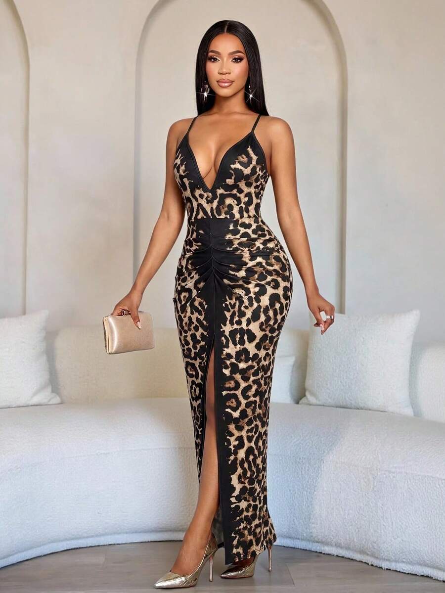 SOLERSUN Vestido largo de verano para mujer: Elegante y casual, estampado de leopardo degradado negro/marrón, tejido elástico de punto, escote en V profundo, sin mangas, tirantes finos, volantes en las caderas, abertura frontal, vestido largo - Marrón - Ver 1
