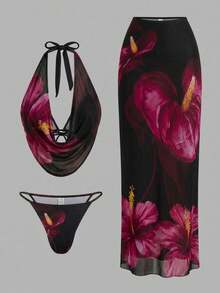 Swim SXY Summer Island Vacation Sexy Lily Print Bikini & Skirt High-End Set Beach Vacation Outfits Woman 2 Piece Vacation Two Piece Set Women Beach 2 Piece Set Women Summer Two Piece Sets Boho Two Piece Set - Multicolor - View 1