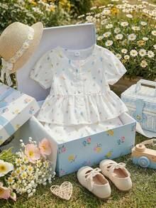 Souflis Souflis Bộ 2 món cho bé gái: Áo cổ tròn tay phồng viền bèo và quần short, kiểu Pháp, dễ thương và thoải mái, thích hợp cho đi chơi, đi học và nhiều dịp khác. - Nhiều màu - Xem 4