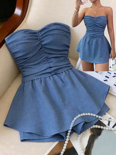 GlowEve 2026春夏新款亚麻薄纱蓝时尚简约套装，设计感十足的抹胸上衣搭配褶皱高腰短裤，收腰显瘦，休闲日常两件套，女士必备