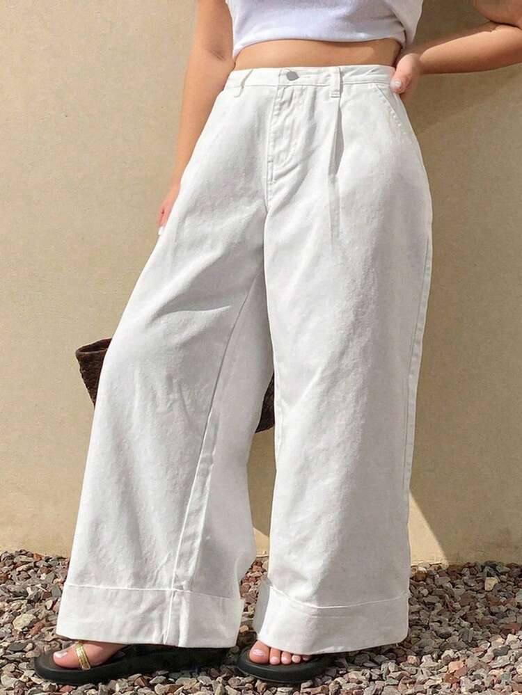 Dazy Plus Loose Straight-Leg Ankle Cuff White Long Jeans, Four Seasons