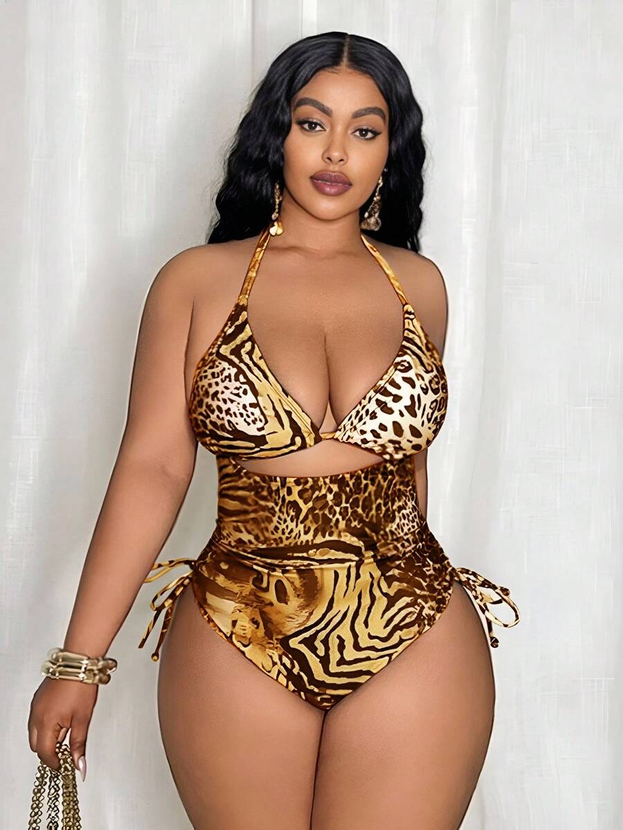 Slaydiva Plus Size Women Leopard Print Triangle Top And Tie Side Bottoms One-Piece Swimsuit For Beach Vacation - Yellow - View 1