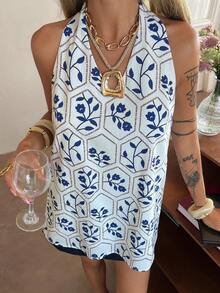 Livesso Women's White And Blue Floral Sleeveless Shirt,Summer Boho Vacation Holiday Casual Beach Outfits For Music Festivals,Valentine's Day,Weddings - Beige - View 5