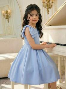 Gaun Anak Perempuan Remaja Musim Semi/Panas Elegan dengan Hiasan Manik-Manik dan Pita Biru Besar - Biru - View 5