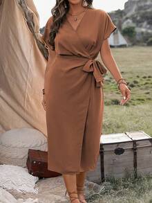 Ceyna 大码休闲纯色蝙蝠袖系带裹身连衣裙，女士夏季连衣裙，裹身裙，度假装，女士度假连衣裙，女士度假套装，女士休闲连衣裙，夏季套装，沙滩装，波西米亚风套装，波西米亚乡村风连衣裙 - 咖啡棕 - 查看 5