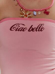 MUSERA 印花“Ciao Bello”修身无肩带抹胸荷叶边迷你裙套装，春夏可爱少女风，适合度假、海滩、日常休闲穿着。 - 粉色 - 查看 6