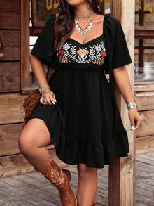 Ceyna 大码女式波西米亚风刺绣方领荷叶袖连衣裙 大码女装网店 大码女式西式连衣裙 大码女装 夏季服装 波西米亚风女装 波西米亚风连衣裙 大码女式夏季服装 - 黑色 - 查看 4