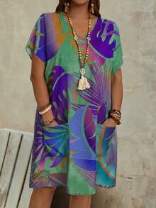 EMERY ROSE Plus Size Women's Double Pocket Fashionable V-Neck Loose Summer Printed Country Dress - Green - View 1