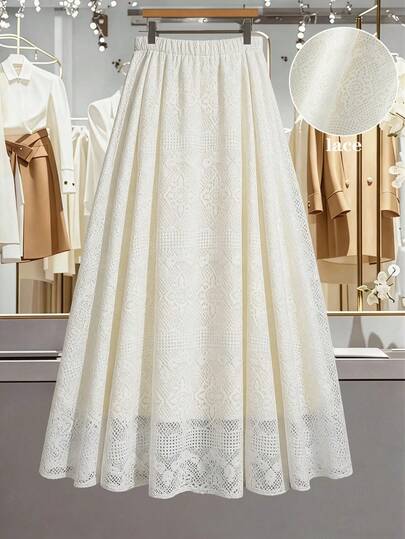 GlowEve CURVE Plus Size Solid Color Textured Fabric Waist Cinched Casual Elegant Regular Skirt For Women Long Lace Skirt White Lace Skirt Women's Lace Skirt Maxi Lace Skirt White Eyelet Skirt White Maxi Skirt Vintage White Skirt Lace White Skirt