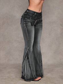 Jeanoix 女士Y2K时尚街头休闲通勤搭扣腰带毛边水洗喇叭牛仔裤 - 黑色 - 查看 8