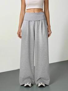 SHEIN Tall 超宽腿翻折腰裤，休闲夏季机场秋冬款 - 灰色 - 查看 7