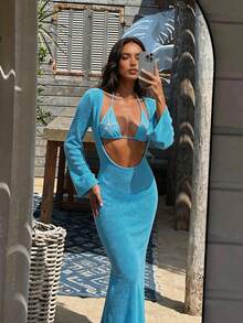 Aloruh Damen Frühling/Sommer Neue Einfarbig Blau Cover-Up, Super Lange Häkelkleid, Elegantes Sexy Transparentes Kleid, Damen Resort Tragen, Damen Strandkleid Damen Urlaubsoutfit Sets Heiße Kleider für Damen Damen Strandoutfits Urlaubsüberwürfe für Bademode - Blau - Übersicht 2