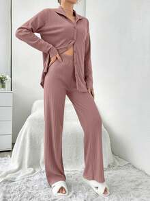 EURMUSE Plus 100%Cotton Shirt Style Buttoned Striped Dark Burgundy 2 Pieces Pajama Set - Rusty Rose - View 3