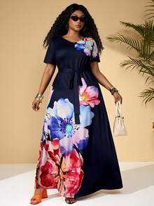 BrightlyHer Đầm ngắn tay dáng suông họa tiết hoa dành cho nữ cỡ lớn, kiểu dáng thường ngày, thắt eo, thích hợp cho kỳ nghỉ. - Nhiều màu - Xem 6