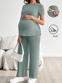 SHEIN Bộ đồ bầu 2 món, màu trơn, tay ngắn xẻ tà và quần, thích hợp cho mùa hè. - Màu xanh nhạt - Xem 1