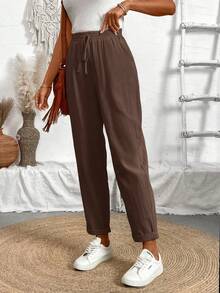 Breezaya Petite Women's Casual Linen-Feel Pants, Spring/Summer - Coffee Brown - View 5
