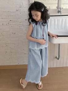 Dazy Kids 女童纯色圆领无袖荷叶边牛仔套装，夏季 - 淺色水洗藍 - 查看 3