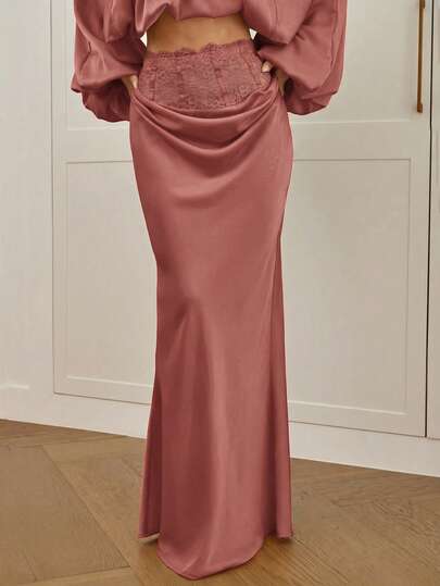 Aloruh Váy dài phối ren và satin mới dành cho nữ, kiểu dáng thanh lịch, thích hợp cho tiệc tùng.