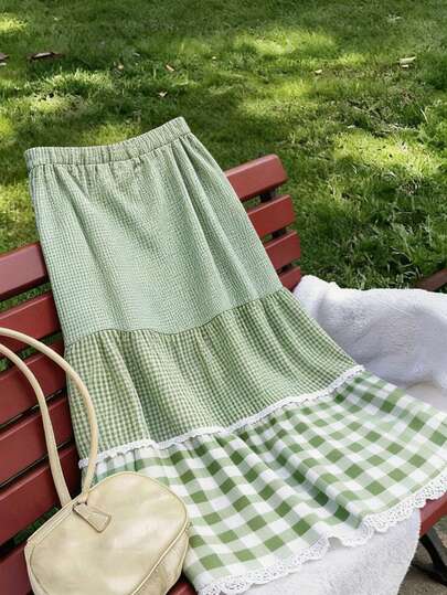 Sweetra Plus Size Cute Plaid Patchwork Midi Skirt