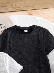 SHEIN Genkimix Kids Bộ 3 áo thun ngắn tay cổ tròn hiệu ứng bông tuyết nhuộm màu thời trang cho bé trai, phối màu trắng, xanh đậm và đen, trang phục thường ngày sành điệu cho mùa hè. - trắng - Xem 2