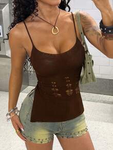 EgrlEra 夏季吊带针织背心，Y2K 女士针织上衣 - 棕色 - 查看 3