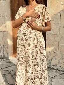 SHEIN Vestido de maternidad con cuello en V y estampado total con función de lactancia, para uso casual diario y vacaciones - Caqui - Ver 4