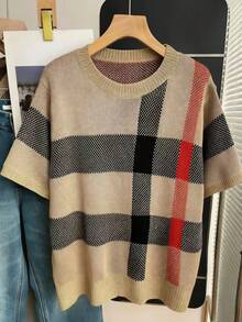 Resyla Plus Size Crew Neck Regular Short Sleeve Knit Top - Brown - View 3