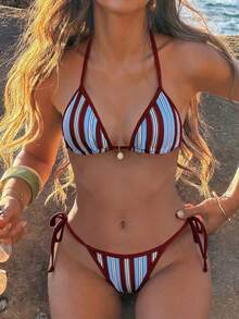Elavelle Ensemble de bikini à col ras-du-cou avec bijoux en métal à imprimé aléatoire, printemps/été pour femmes - Multicolore - Voir 8