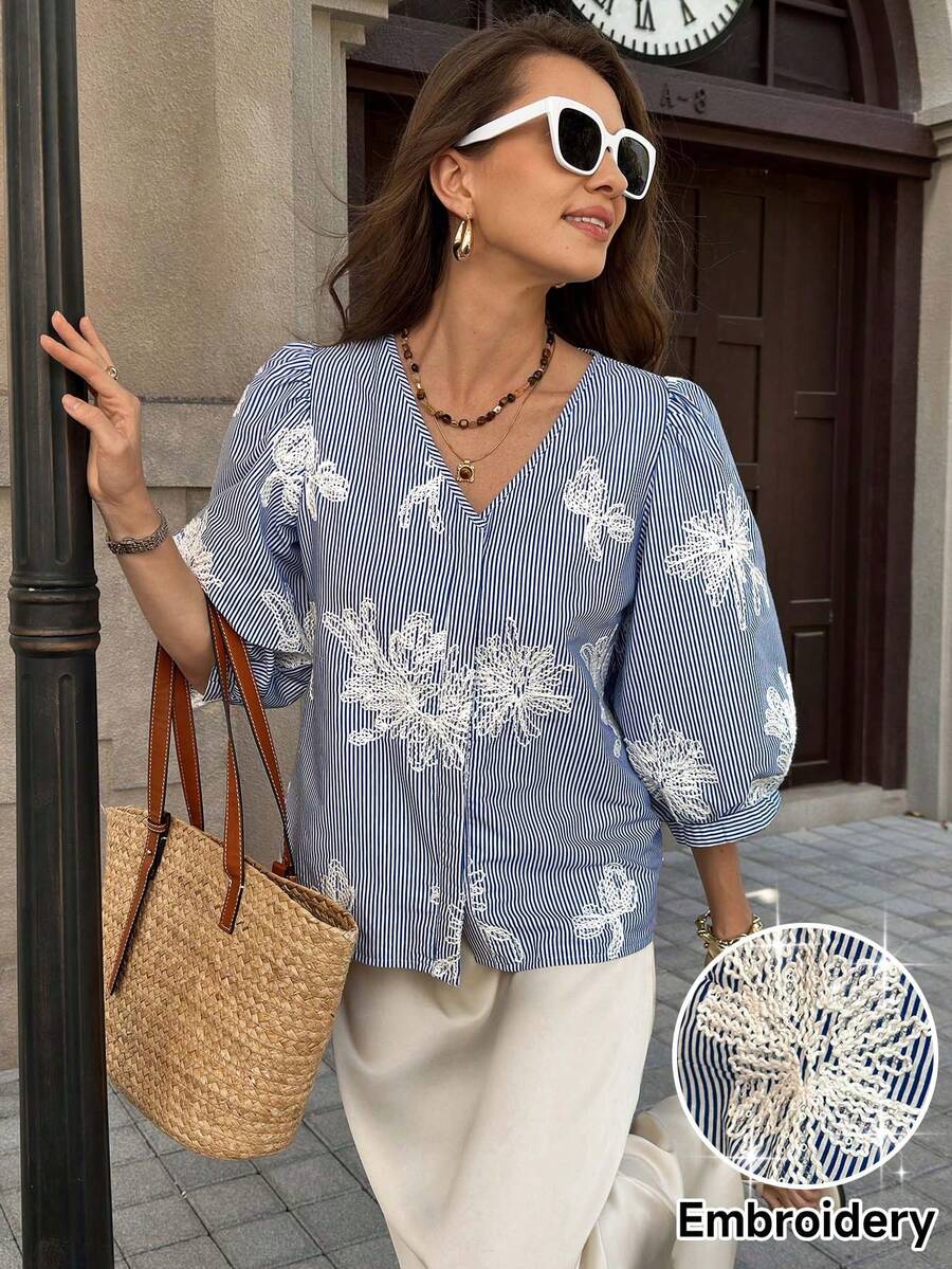 SHEIN Clasi Women's Elegant Blue And White Stripe Embroidered Sequin V-Neck Lantern Sleeve Loose Blouse, Casual Tea Party & Autumn Vacations For Women - Blue - View 1