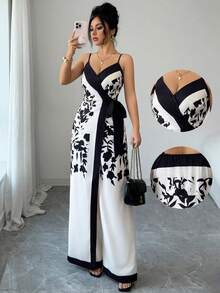 Selianne Women's Casual Floral Print Backless Camisole Wrap-Style Tie-Waist Wide Leg Jumpsuit - Multicolor - View 1
