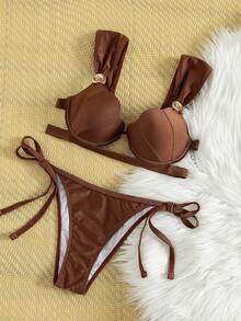 Swim SXY 女士复古焦糖色金属扣宽肩带钢圈比基尼套装，侧系带三角泳裤，性感沙滩度假泳装 - 咖啡棕 - 查看 4