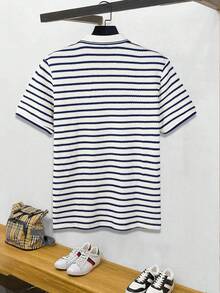 Manfinity Mode 男士短袖条纹纹理面料Polo衫，适合外出、聚会和度假穿着。 - 寶藍色 - 查看 2