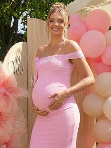Loomaby Pregnant Women's Floral Contrast Lace Off-Shoulder Fitted Elegant Pink Summer Maternity Dress For Baby Shower Gender Reveal Pregnancy Photoshoot - Pink - View 3