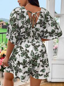 Flirla Plus Size Women Floral Print Drawstring Waist Batwing Sleeve Casual Jumpsuit - Dark Green - View 2
