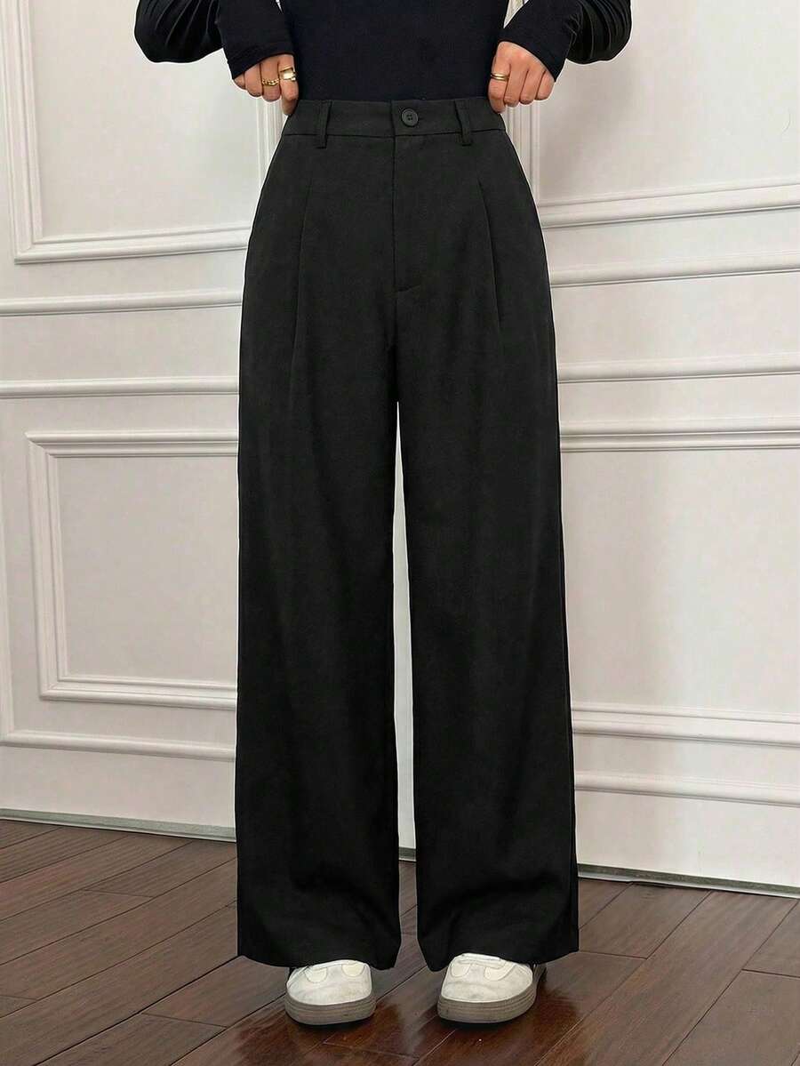 SHEIN PETITE 教师女士褶裥优雅长裤,带口袋,秋冬高腰阔腿裤,宽松大码裤,商务职业女性宽松阔腿裤,秋季女士冬季女士外出下装 - 黑色 - 查看 1