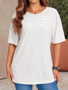 EMERY ROSE Plus Size Women's Solid Color Round Neck Casual Versatile Daily Short Sleeve T-Shirt - White - View 4