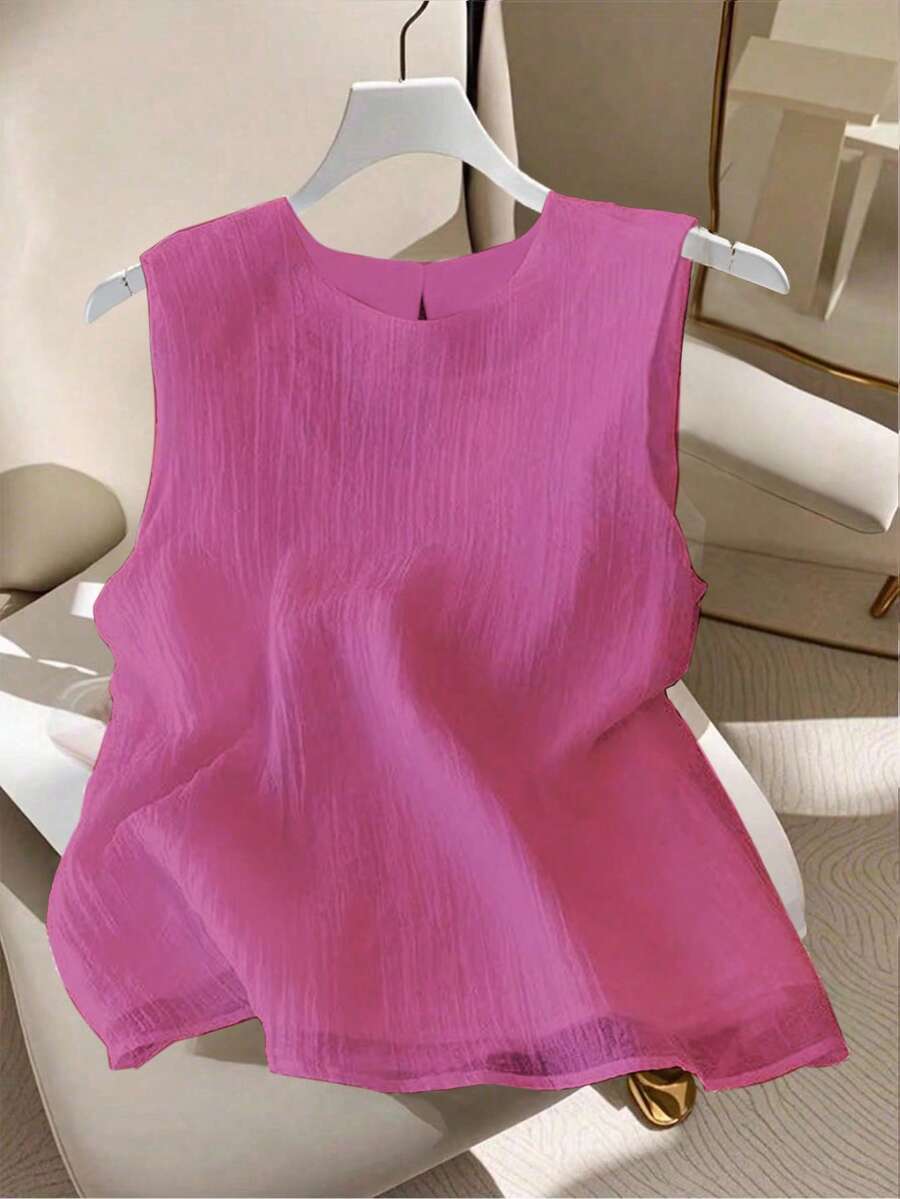 GlowEve Áo tank top nữ màu trơn cổ tròn không tay thiết kế tối giản, thích hợp cho mùa hè. - Màu Hồng Tươi - Xem 1