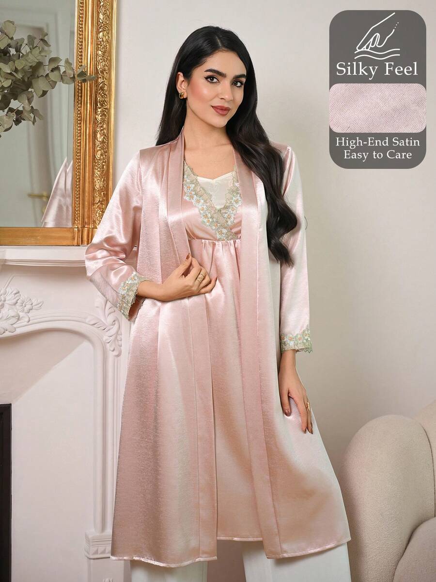 DAZY 女士优雅刺绣蕾丝睡袍睡衣套装 - 粉色 - 查看 1