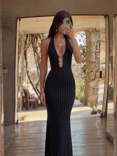 Bonvoyette Women's Fashionable Polka Dot Sleeveless Fitted Colorful Printed Dress