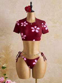 Bellisia 3pcs Women's Casual Floral Print Sexy Camisole, Spaghetti Strap & Bikini Set, Summer - Multicolor - View 3