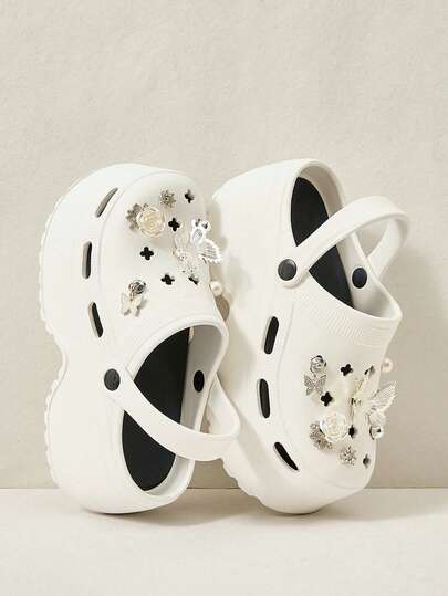 Cuccoo Thick-Soled Heightening Clogs For Women's Summer 8cm Muffin Bottom, Small Man Gospel, Butterfly Pearl Rhinestone Decoration, Lightweight EVA Non-Slip Closed Toe, Beach Vacation Daily Commuter Sandals