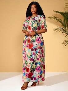 BrightlyHer Plus Size Floral Print Round Neck Short Sleeve Dress, Summer Fashion,Flower/Spring/Vacation - Multicolor - View 5