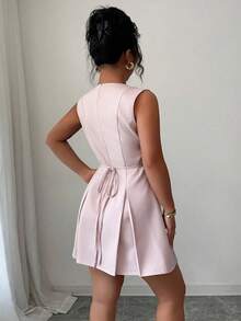 Elenzga Váy mini thanh lịch cổ tròn không tay hai hàng khuy đính vỏ sò đính đá cỡ lớn, buộc eo, màu hồng, dáng chữ A - Hồng - Xem 2