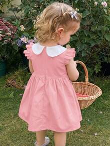 LMoss Kids Baby Girl Woven Contrast Color Embroidered Peter Pan Collar Casual Dress - Pink - View 2