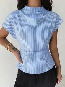Firerie Wrinkled Collar Asymmetrical Sleeve Side Ruched Cinched Waist Commuter Apricot Bamboo Fiber Linen Blouse For Women,Blue And White Striped Long Sleeve Tie-Waist Shirt - Casual Commuter Vacation Blouse, Cinched Waist Elegant Bohemian Top, All Season - Blue and White - View 8