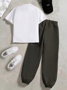 2件套/套 青少年男童夏季新款小熊图案圆领短袖T恤和梭织休闲裤套装 - 軍綠色 - 查看 2