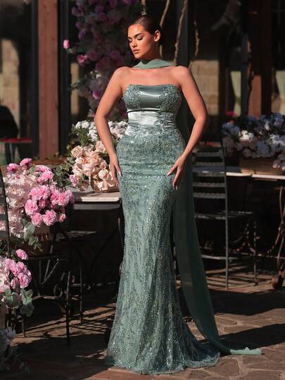 Glamrae Đầm dạ hội cổ yếm dáng đuôi cá sang trọng, đính cườm, sequin và thêu hoa, chất liệu lưới, thích hợp cho đám cưới, sự kiện, tiệc tùng, ngày lễ và các dịp trang trọng (đính kèm rất nhiều chi tiết).