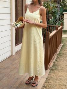 Livesso 女士吊带条纹度假沙滩奶油黄中长连衣裙 - 黃色 - 查看 4